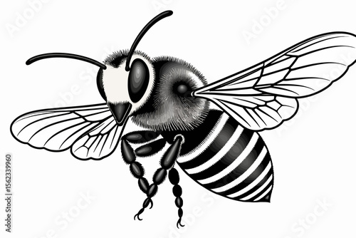 Detailed Black and White Bee Illustration- Flying Insect with Striking Wings- Nature Artwork for Print and Web- Honeybee Graphic Design- Pollinator Art