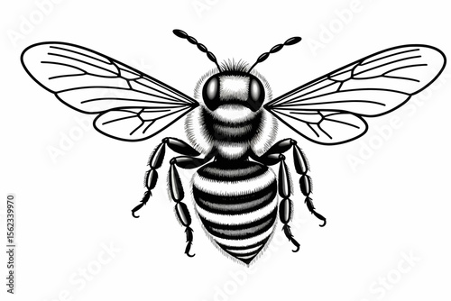 Detailed Black and White Bee Illustration-Beautiful Honeybee Art-Intricate Wing Patterns-Perfect for Nature Lovers-Download High-Quality Bee Artwork