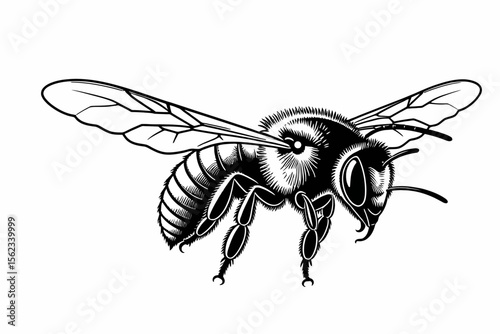 Detailed Black and White Bee Illustration-Intricate Wing Veins-Honeybee Art-Pollinator Image-Insect Drawing-Nature Inspired Design-Engraved Style Bee Graphic