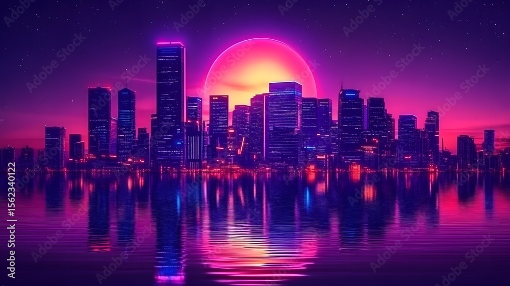 Fototapeta premium Digital illustration of a cityscape reflected in water under a vibrant pink sunset.