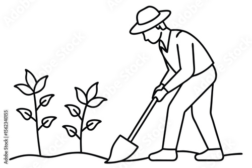 farmer shoveled the soil with the plants using a shovel line art vector illustration