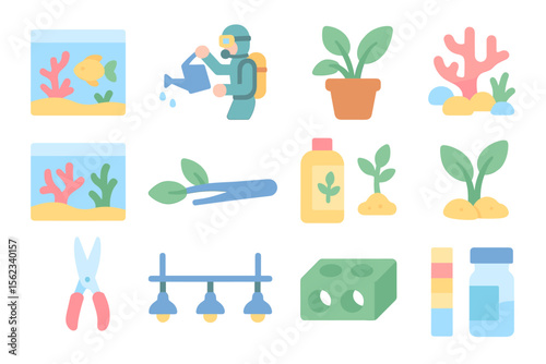 Aquatic and botanical vector illustration for gardening and aquarium design in flat style