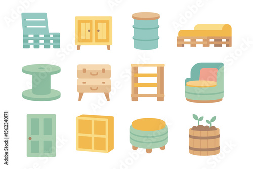 Upcycled furniture vector illustration: eco-friendly design elements in flat style