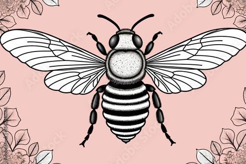 Elegant Bee Illustration- Black and White Striped Bee on Floral Pink Background- Vintage Style Insect Art for Home Decor and Educational Purposes