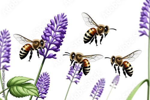 Honeybees on Lavender Flowers-Pollination and Floral Beauty-Bees Gathering Nectar-Nature's Harmony-Lavender Field Scene-Bee Illustration-Floral Design-Honey Production-Springtime Image