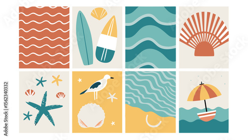 Eight Nautical Themed Summer Illustrations with Waves Surfboards Seashells