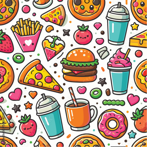 Seamless vector pattern of cute food icons like burger, pizza, coffee, and donuts. Bright colors, flat style, on white background.