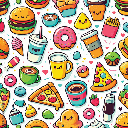 Seamless vector pattern of cute food icons like burger, pizza, coffee, and donuts. Bright colors, flat style, on white background.