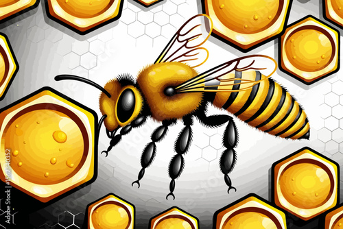 Honeycomb and Bee Illustration- Graphic Art with Detailed Bee Design- Honeycomb Pattern Background- Nature Inspired Art for Honey Lovers