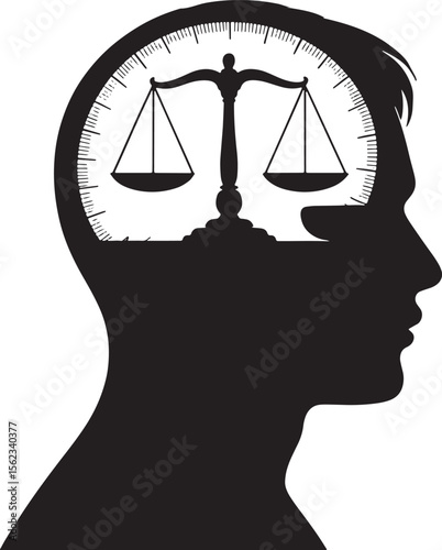  Justice in Mind Silhouette: Scales of Law Within a Human Head, Representing Thought and Ethics