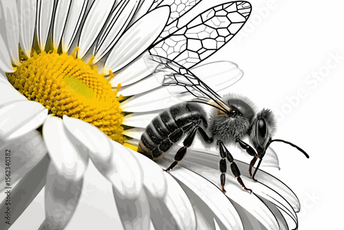 Macro Bee on Daisy - Detailed Close-Up of Honeybee Pollinating Flower - Black and White Insect Photography - Nature and Wildlife Image