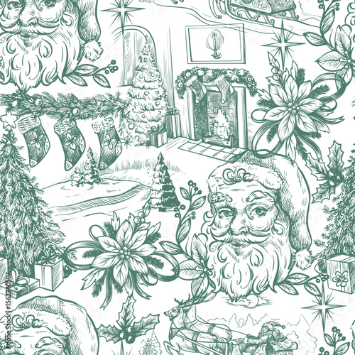 Seamless pattern with Santa, fir trees and other Christmas elements in toile style. Vector.