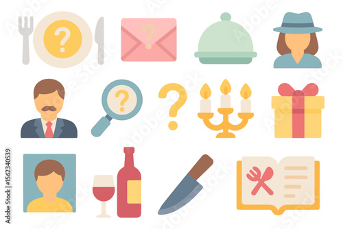 Mystery dinner vector illustration: flat icons for event design, invitation, poster