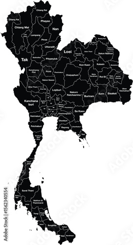 Detailed Map of Thailand with Provinicial States and Borders in Black Silhouette