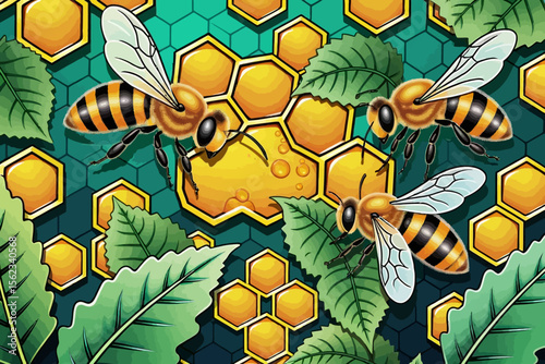 Buzzing Bees-Honeycombs and Leaves-A Sweet Harmony of Nature-Bee Illustration-Honeycomb Pattern-Nature Themed Art-Honeybee Art-Bee and Honeycomb Motif