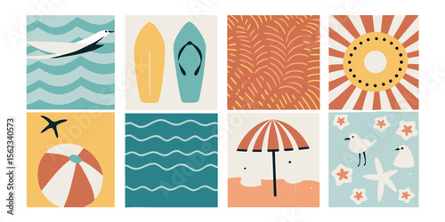Eight Summer Themed Illustrations Featuring Beach Ball Surfboards Seagulls and More