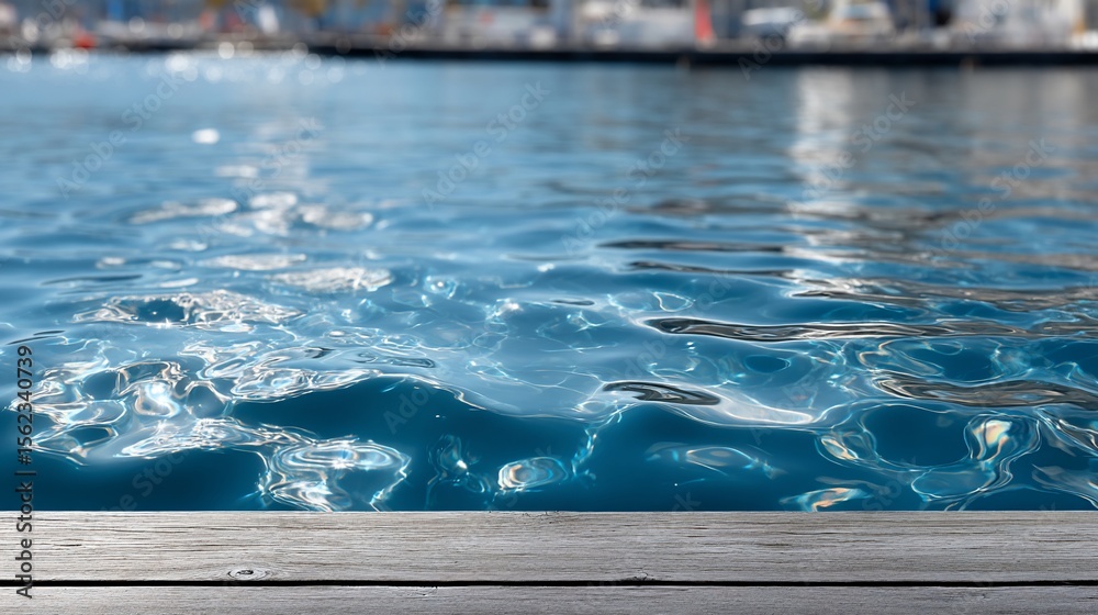 Obraz premium Calm blue water near a wooden dock, boats in background
