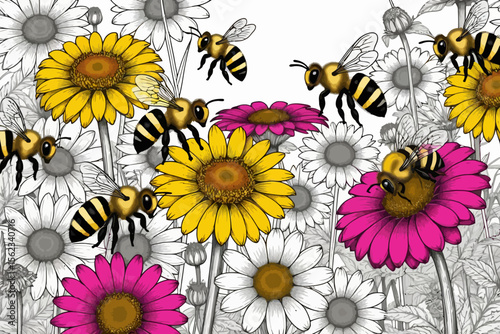 Bees on Colorful Flowers-A vibrant illustration featuring bumblebees amidst a field of blooming daisies-Yellow & pink pops against the black & white background-Perfect for nature lovers