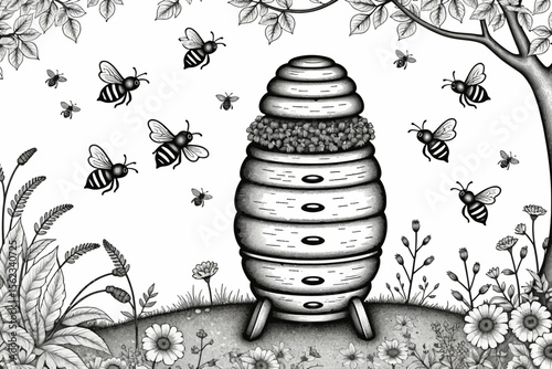 Beehive Illustration with Bees-Detailed Black and White Art of a Beehive in a Flower Garden-Unique Hand Drawn Beehive Image for Projects