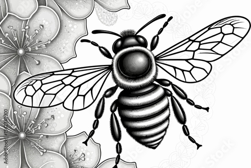 Monochrome Bee Illustration-Detailed Insect Art with Floral Elements-Black and White Honeybee Graphic-Intricate Wing Pattern-Nature Inspired Design-Pollinator Artwork