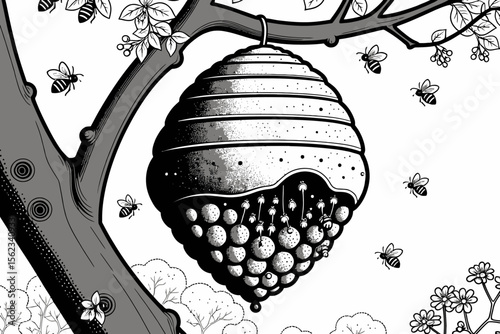 Monochrome Marvel- Beehive Illustration Hanging from a Tree Branch- Surrounded by Busy Bees in Flight- Nature's Sweet Harmony- Black and White Detailed Art