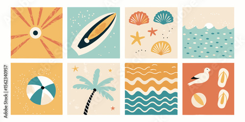 Summer Beach Icons Set: Surfboard, Seashells, Waves, Ball, Palm Tree, Bird, Flip-flops