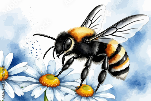 Watercolor Bee on Daisies-Detailed Illustration of a Bumblebee-Floral Art Print-Nature Inspired Decor-Whimsical Bee Artwork-Delicate Daisy Painting