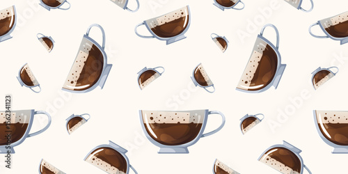 Illustration of a Seamless Pattern with Coffee Cups. Vector Coffee-Themed Background Without Seams.