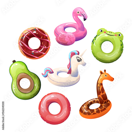 Pack of Various Water Float Rings with Animal-Inspired Designs. Vector Illustration of Lifesaving Rings.