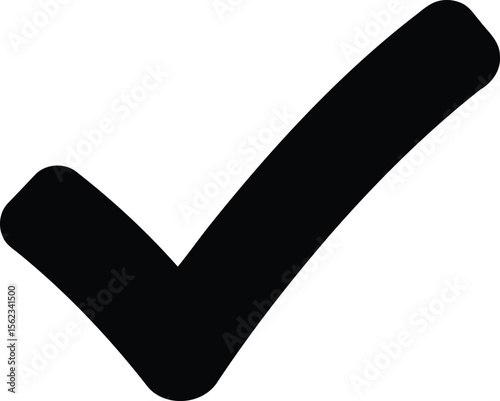A bold black check mark icon, symbolizes confirmation and approval