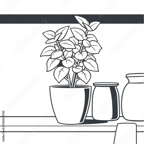 A potted mint plant on a kitchen shelf