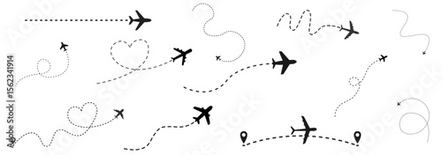 Collection of Airplane Silhouettes with Dashed Flight Paths and Location Pins, Minimal Black Vector Icons on White Background, Travel and Navigation Concept in Clean Modern Style