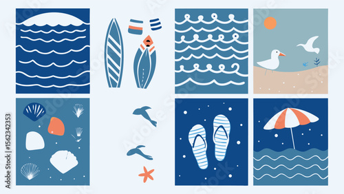 Nautical Summer Illustration Bundle Waves Surfboards Seashells Beach Elements