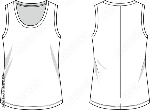 Women's Basic Tank Top Design: Scoop Neck Sleeveless T-Shirt, Technical Flat Fashion Sketch Illustration for Casual Apparel