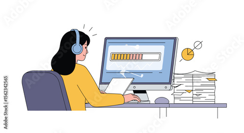Woman at desk working overtime with headphones and documents
