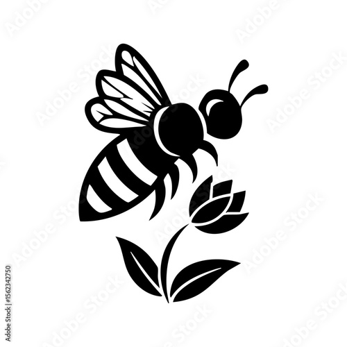 Minimalist vector icon of a bee pollinating a flower, representing biodiversity, nature, and the importance of pollinators.

