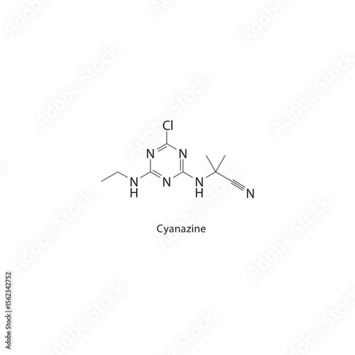 Cyanazine skeletal structure. Herbicide compound schematic illustration. Simple diagram, chemical formula.