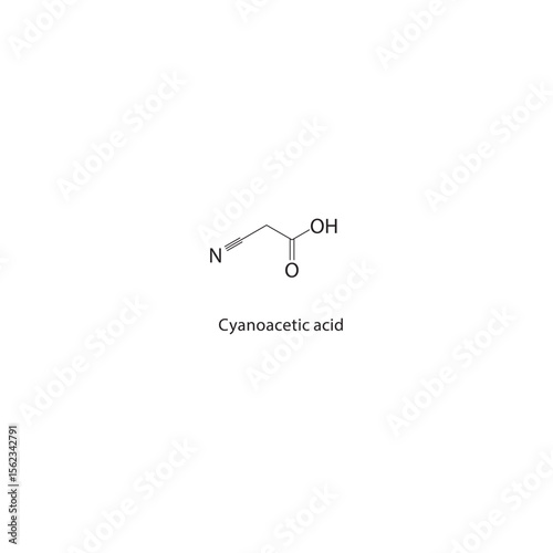 Cyanoacetic acid skeletal structure. Nitrile carboxylic acid compound schematic illustration. Simple diagram, chemical formula.