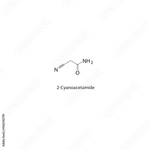 2-Cyanoacetamide skeletal structure. Nitrile derivative compound schematic illustration. Simple diagram, chemical formula.