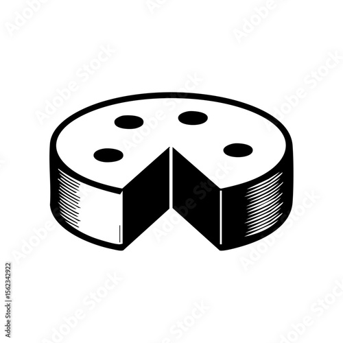 Minimalist vector icon of a cheese wheel with a missing wedge and detailed edge, symbolizing gourmet dairy, food production, and culinary branding.

