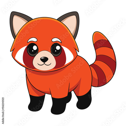 Cute cartoon red panda with bushy striped tail isolated on transparent background