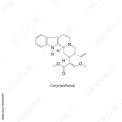 Corynantheine skeletal structure. Indole alkaloid compound schematic illustration. Simple diagram, chemical formula.