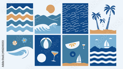 Eight Abstract Summer Illustrations Featuring Waves Palm Trees and Beach Elements