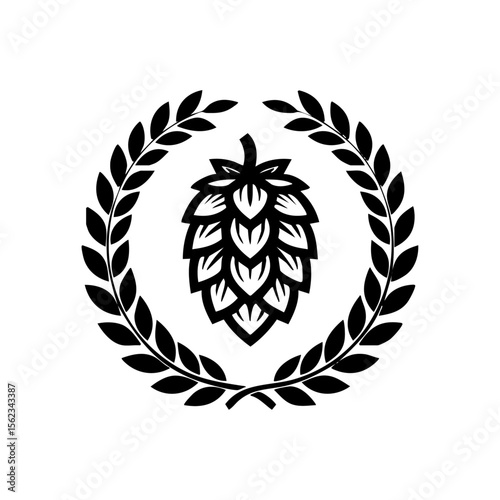 Minimalist black vector of a hop cone encircled by a laurel wreath, symbolizing brewing tradition, excellence, and artisan beer culture.

