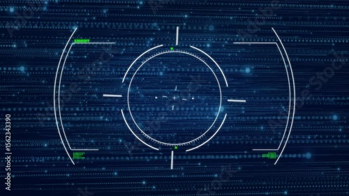 matrix code backdrop scrolling, central HUD reticle emerging, rotating, pulsing and scanning data