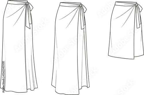Women's Wrap Skirt Designs: Technical Flat Sketches of Midi and Mini Length Skirts with Tie Closure, Versatile Fashion Illustration Set