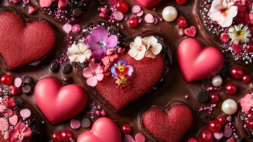 Heart-shaped chocolate with flowers and sprinkles