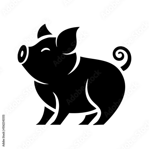 A cute minimalist black vector logo of a pig with a curled tail, representing farm animals, agriculture, and friendly organic branding.
