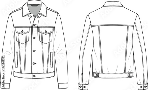  Classic Denim Jacket Design: Technical Flat Sketch of Traditional Jean Jacket with Pockets, Timeless Outerwear Apparel Illustration