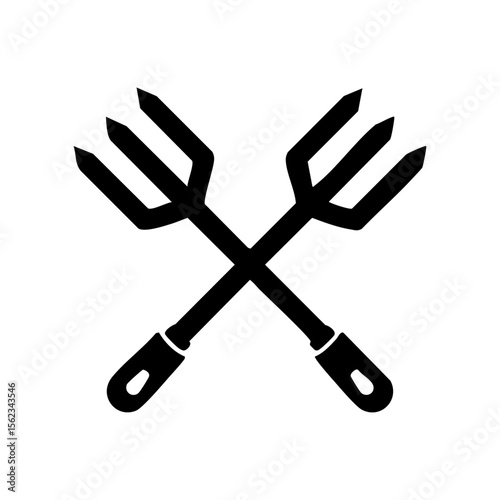 Crossed rakes vector logo in bold black style representing farming tools and gardening work.